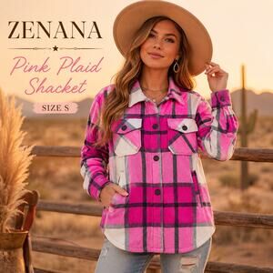 Zenana Pink Plaid Fleece Shacket Women’s Small Oversized Button Up Jacket NWT